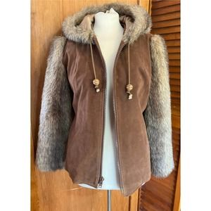 Hand Taylored faux fur suede zip front hooded jacket medium vintage